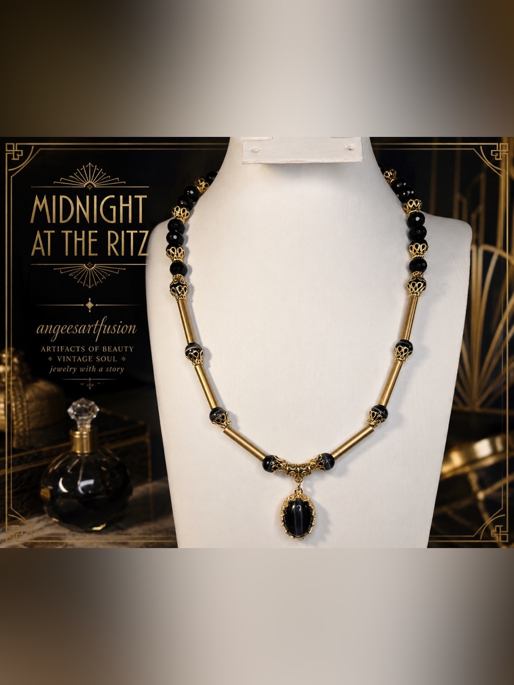 “Midnight at the Ritz”- Art Deco Inspired Black Cat’s Eye Glass Necklace